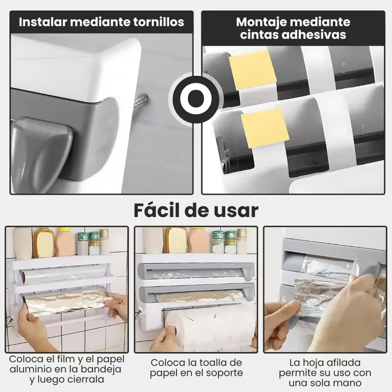 Dispensador de Cocina 4 en 1 de Pared – Film, Aluminio y Toalla