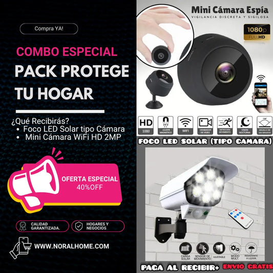 Pack Protege Tu Hogar – Foco LED Solar tipo Cámara + Mini Cámara WiFi HD 2MP
